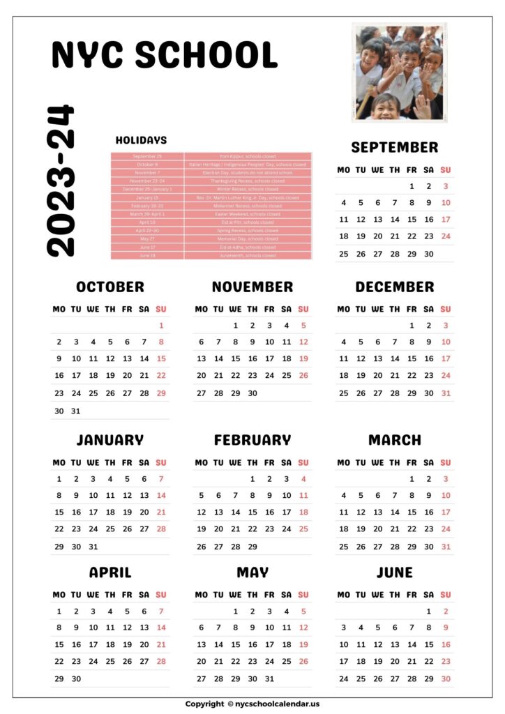 NYC School Calendars with Holidays 2023-24